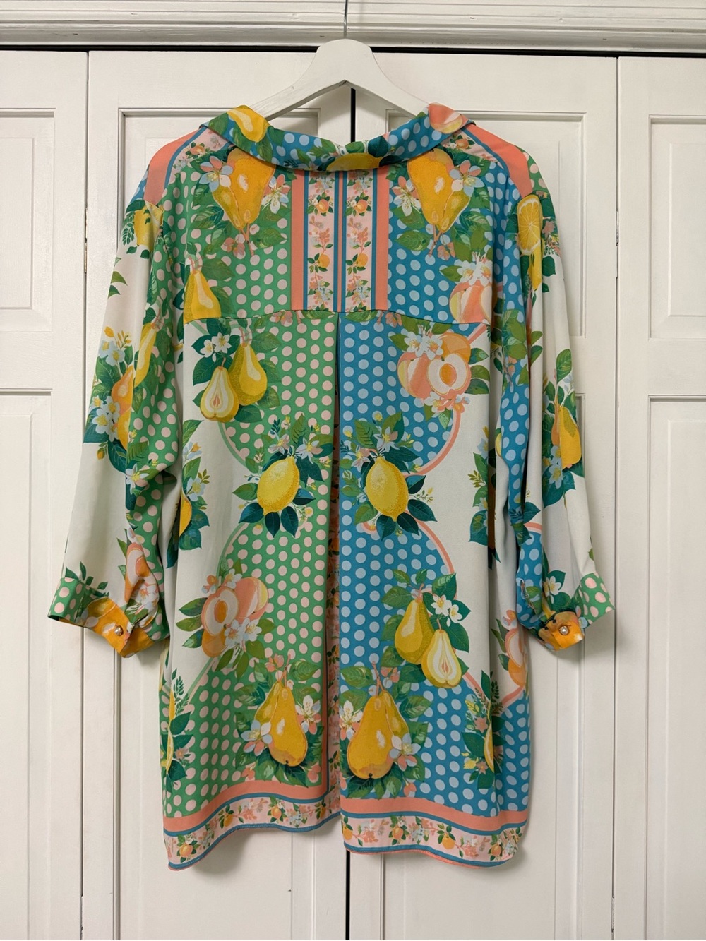 Rose & Olive Lemon Fruit Floral Pearl Button-Front Blouse Patchwork 3/4 Sleeves - Picture 2 of 8